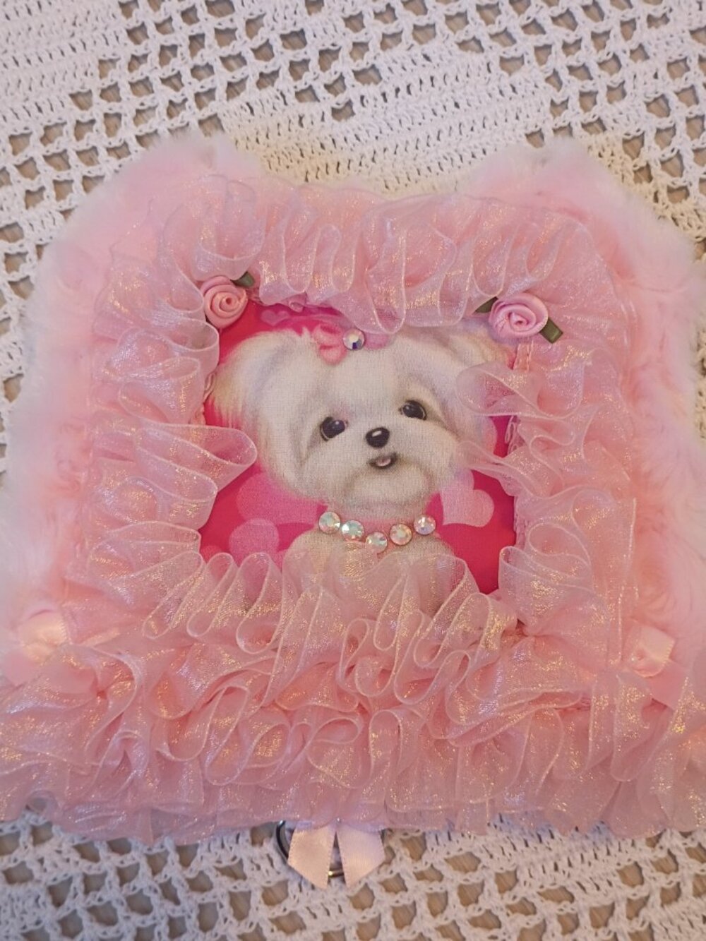 Handmade Rose Fur Exquisite XS Dog Harness with Adorable Maltese and rhinestones